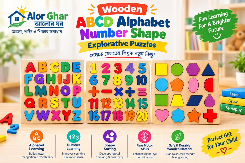 Wooden ABCD Alphabet Number Shape Explorative Puzzle for Kids – Alor Ghar